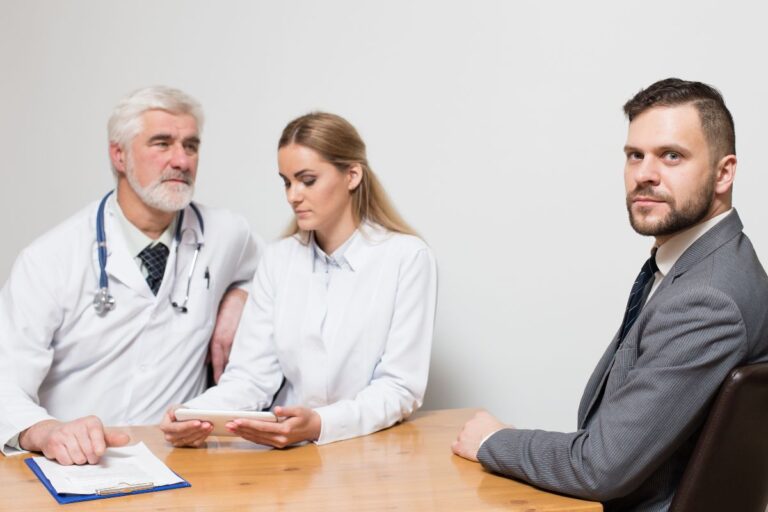 Medical malpractice attorney reviewing patient records, legal documents, and medical reports while consulting with a client in a professional law office.